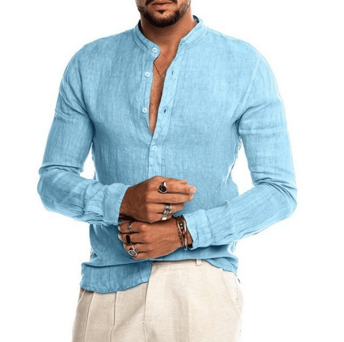 Men's Linen Button-up Shirt With Mandarin Collar
