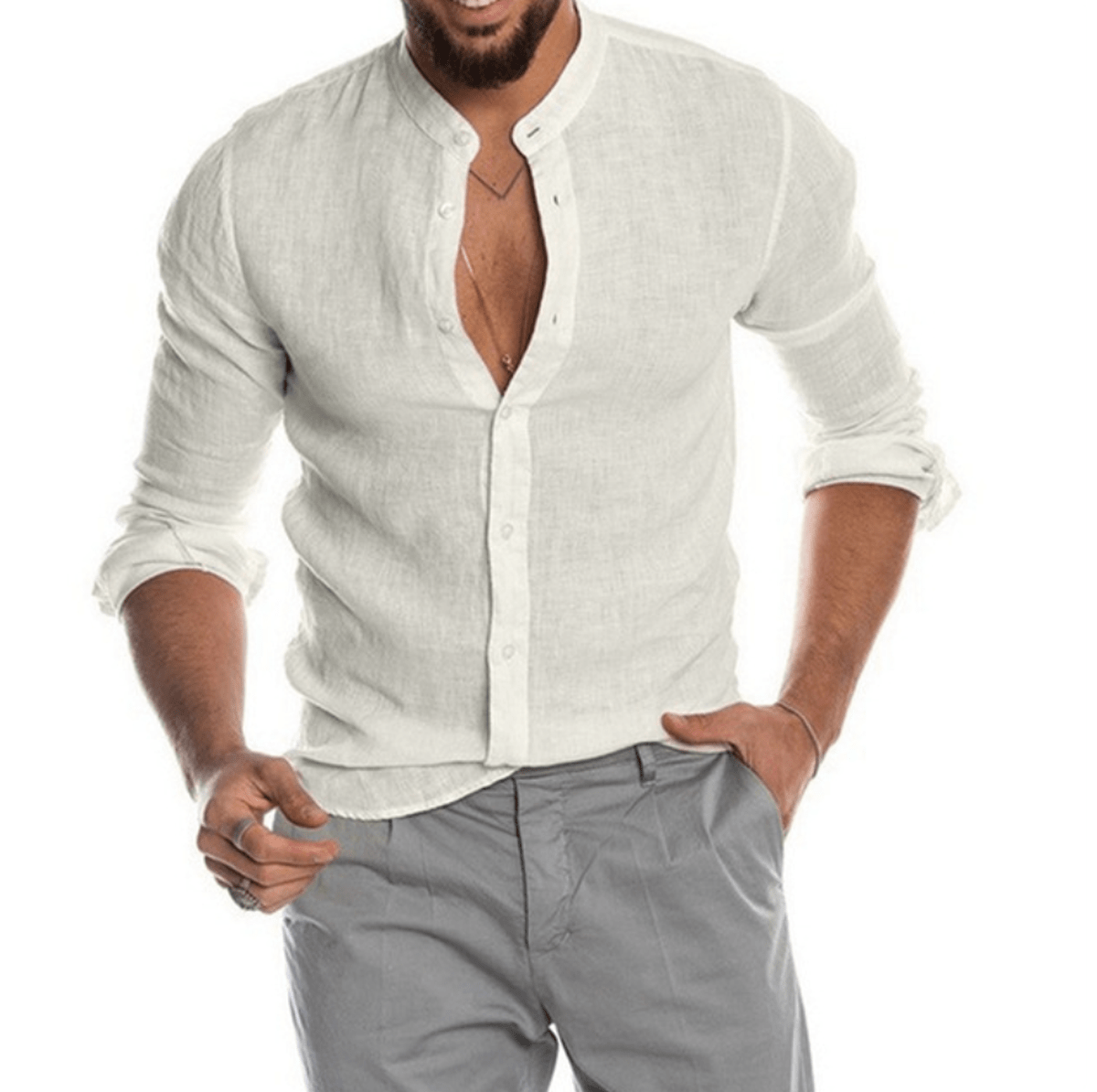Men's Linen Button-up Shirt With Mandarin Collar
