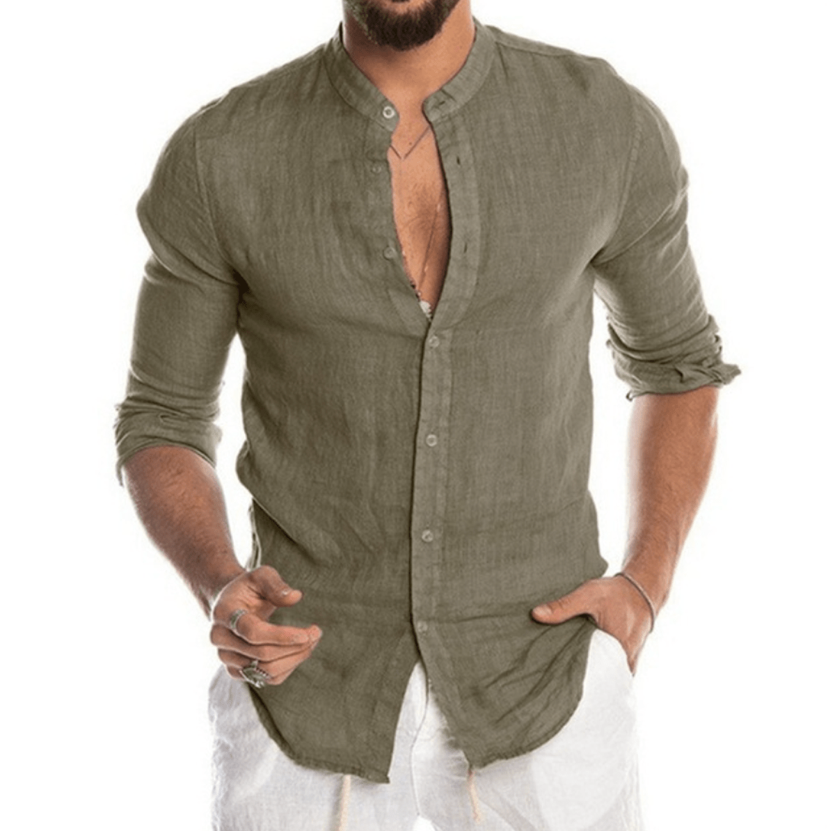Men's Linen Button-up Shirt With Mandarin Collar