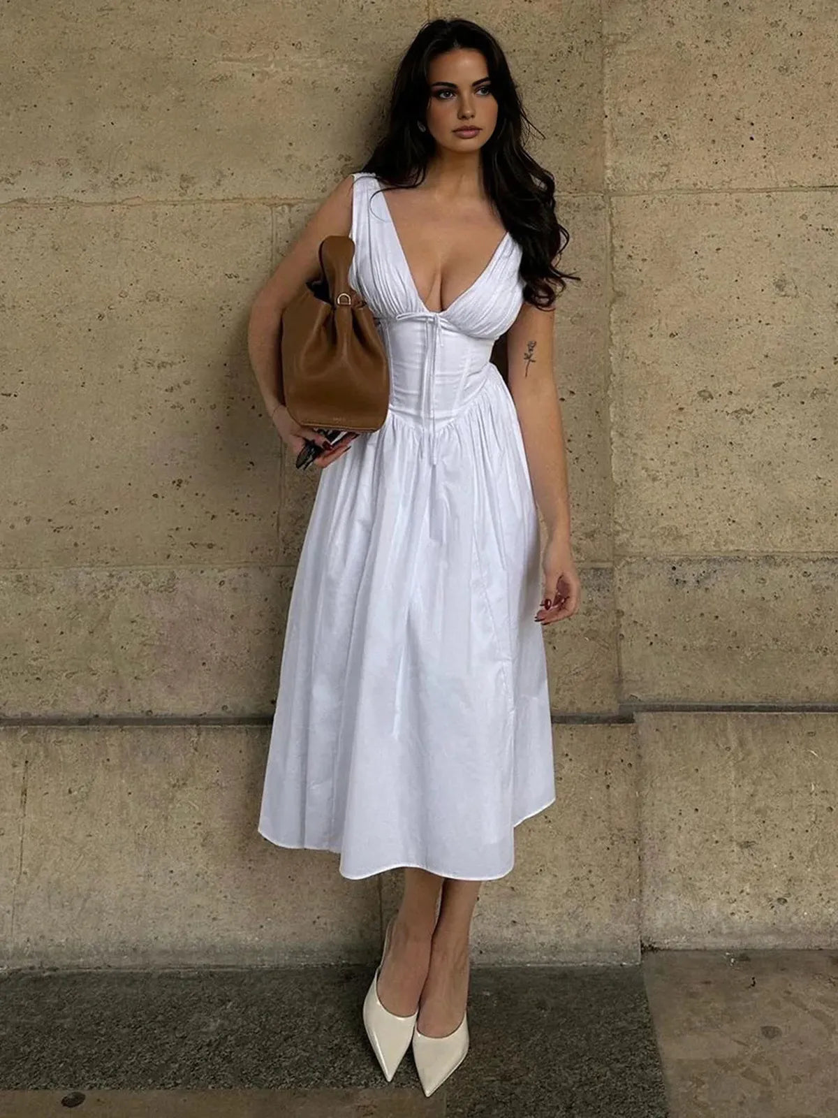 Women's White Midi Corset Sundress With V-neck