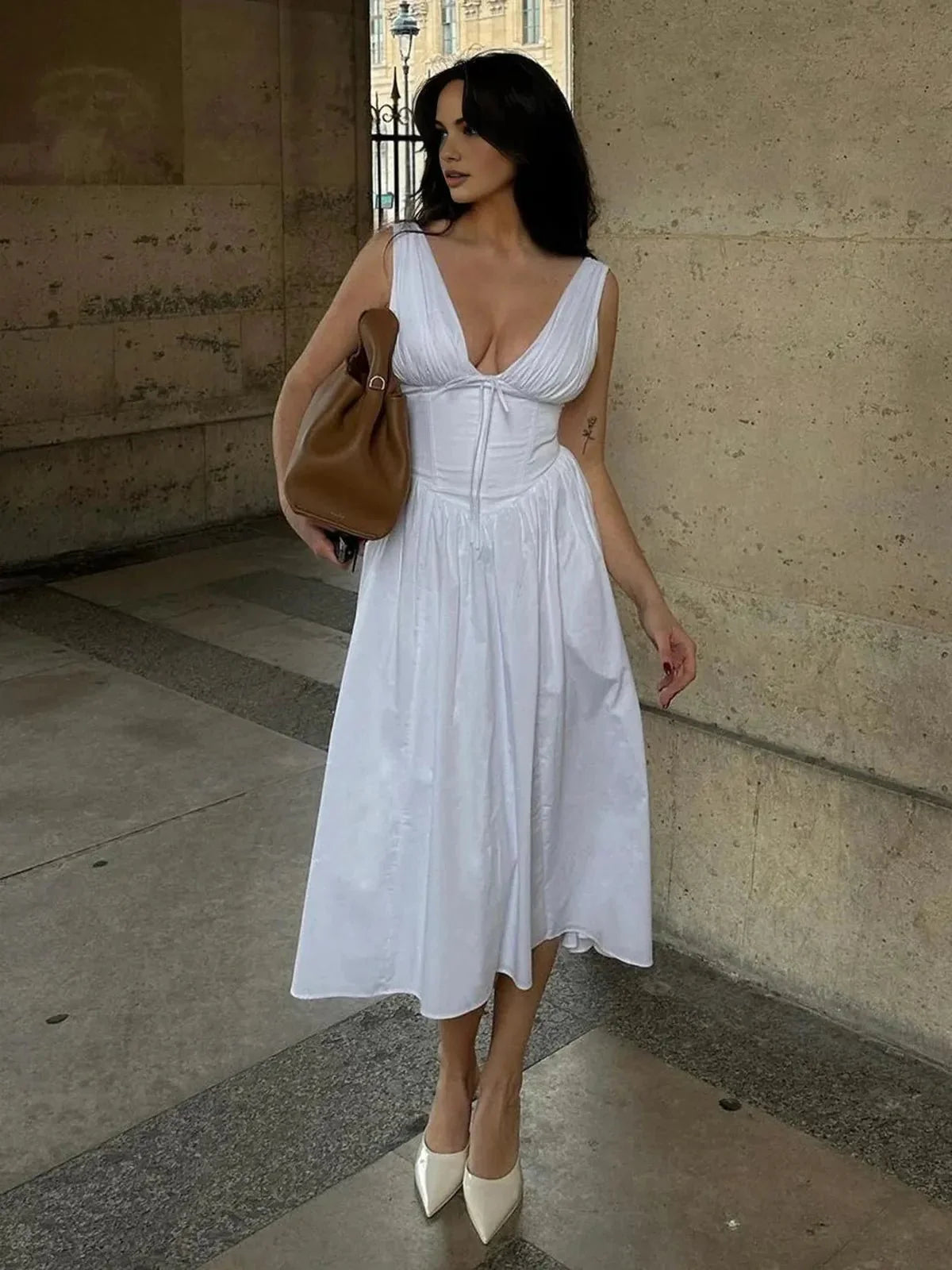 Women's White Midi Corset Sundress With V-neck