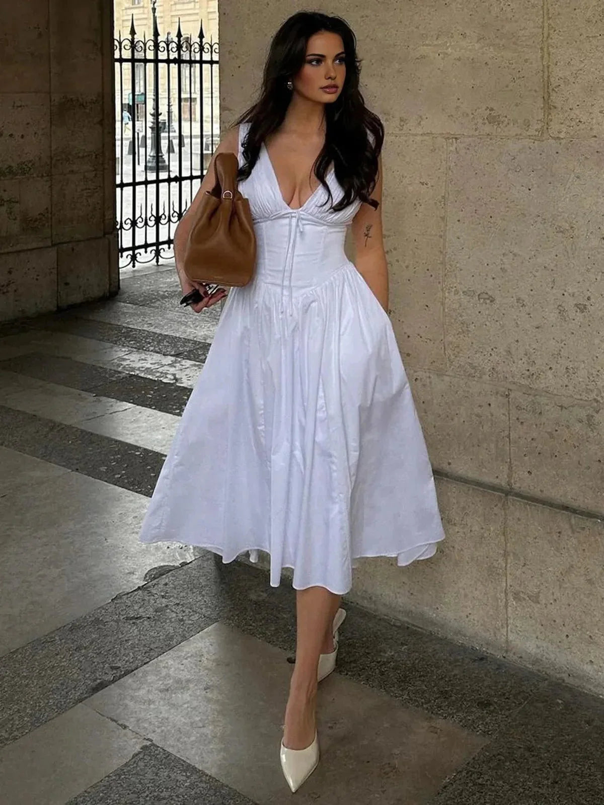 Women's White Midi Corset Sundress With V-neck