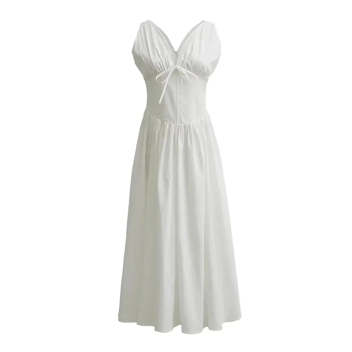 Women's White Midi Corset Sundress With V-neck