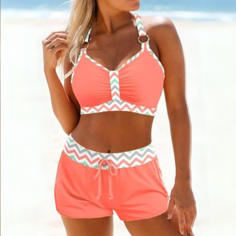 Women's Striped Two-piece Swimwear Shorts Set With Padded Halter Top