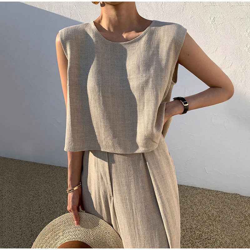 Women's Linen Two-piece Set With Round Neck Top And Wide-leg Trousers