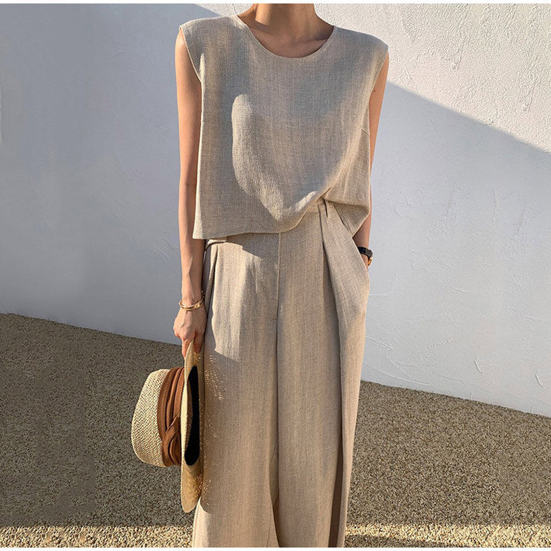 Women's Linen Two-piece Set With Round Neck Top And Wide-leg Trousers