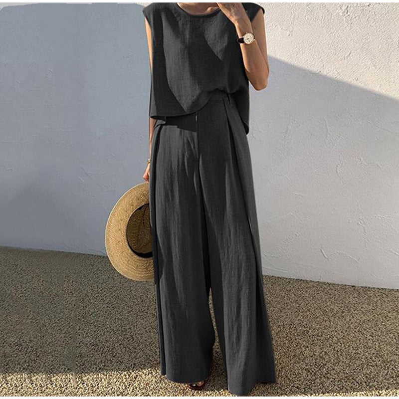 Women's Linen Two-piece Set With Round Neck Top And Wide-leg Trousers