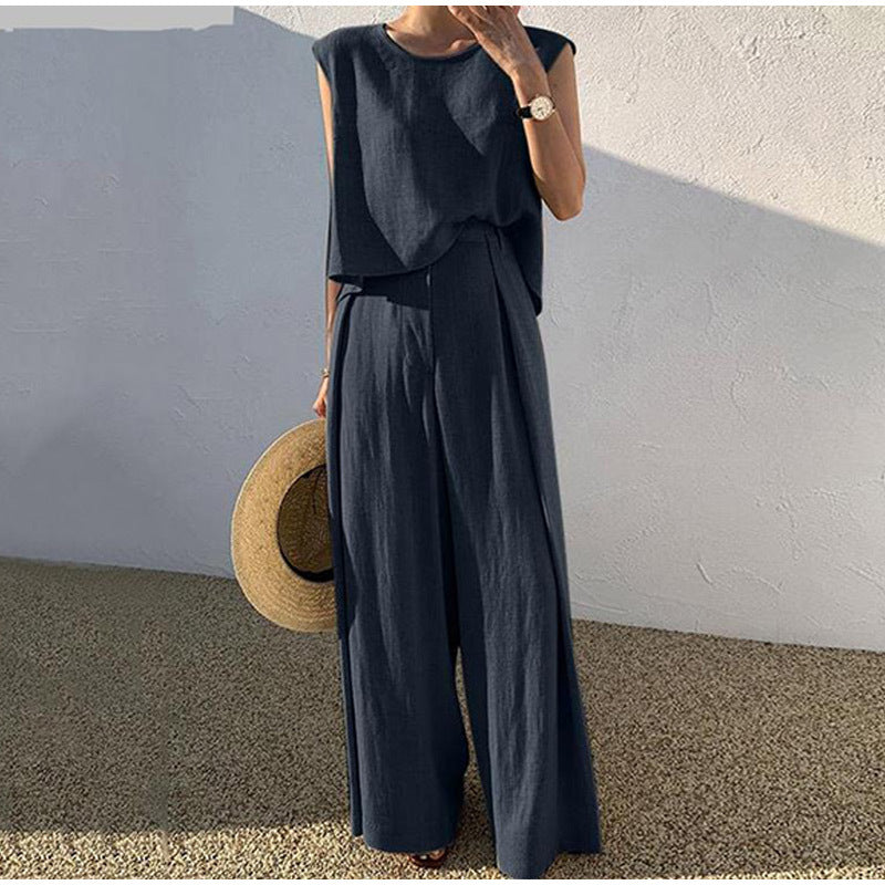 Women's Linen Two-piece Set With Round Neck Top And Wide-leg Trousers