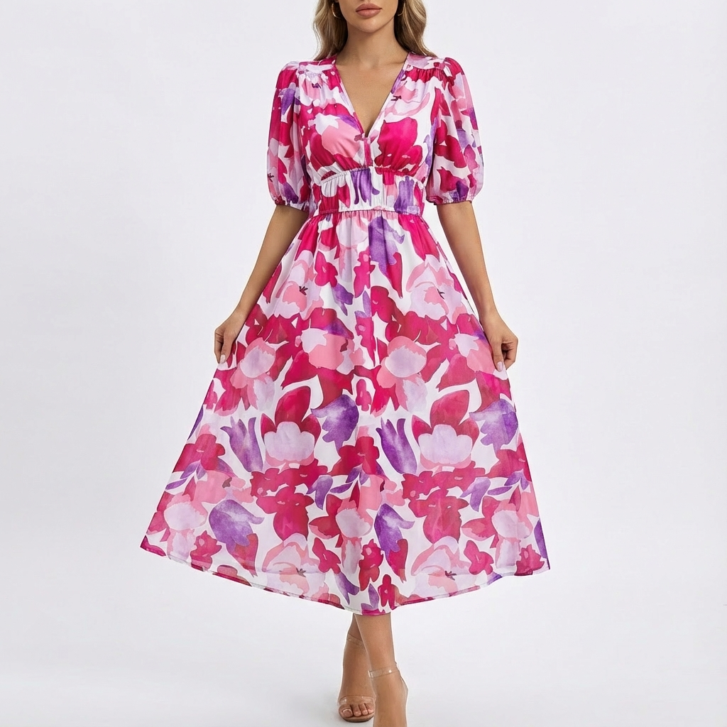 Nina | Women's V-Neck Floral Midi Dress