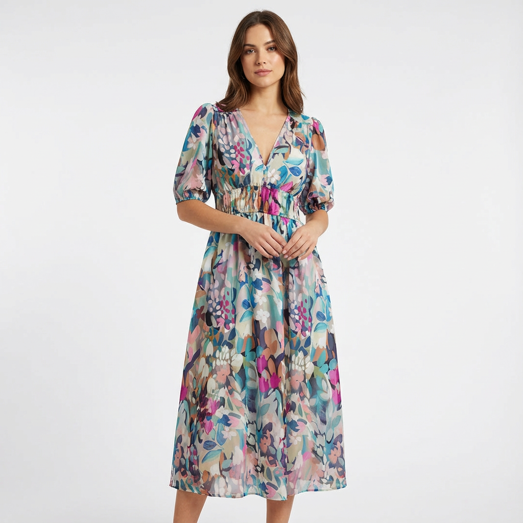 Nina | Women's V-Neck Floral Midi Dress
