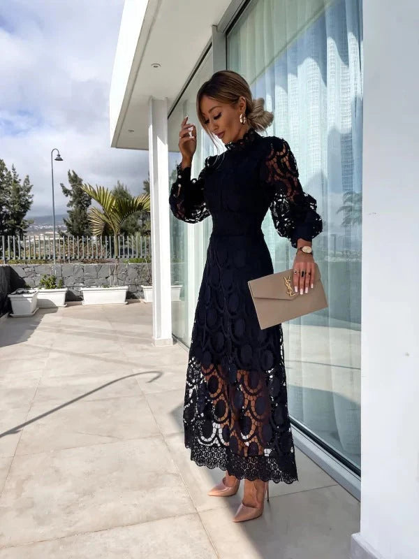 Women's Lace Midi Dress With High Neck & Puff Sleeves