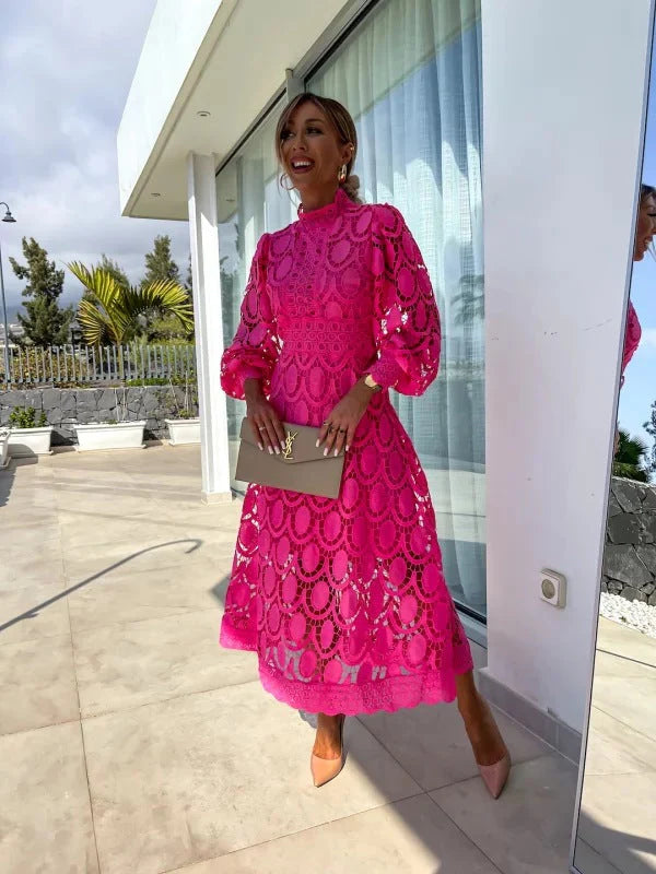Women's Lace Midi Dress With High Neck & Puff Sleeves