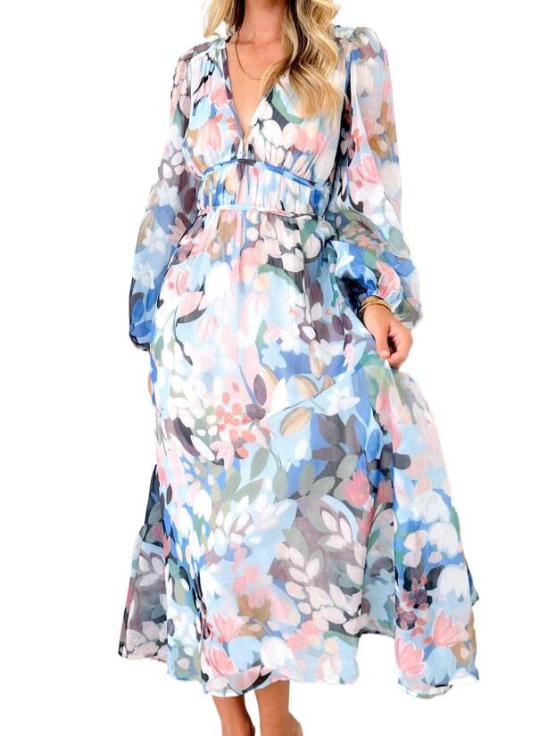 Midi Floral Dress with V-Neck and Long Sleeves