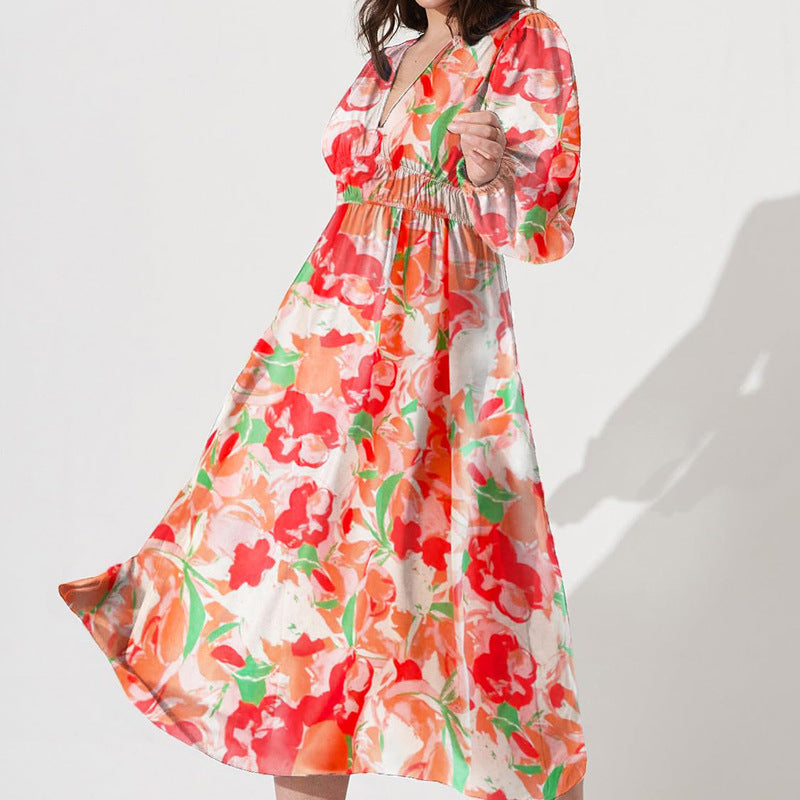 Midi Floral Dress with V-Neck and Long Sleeves