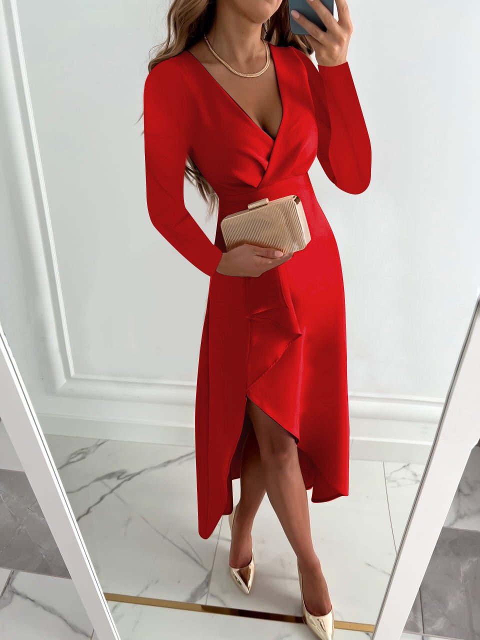 Women's Elegant Midi Dress With V-neck And Front Slit