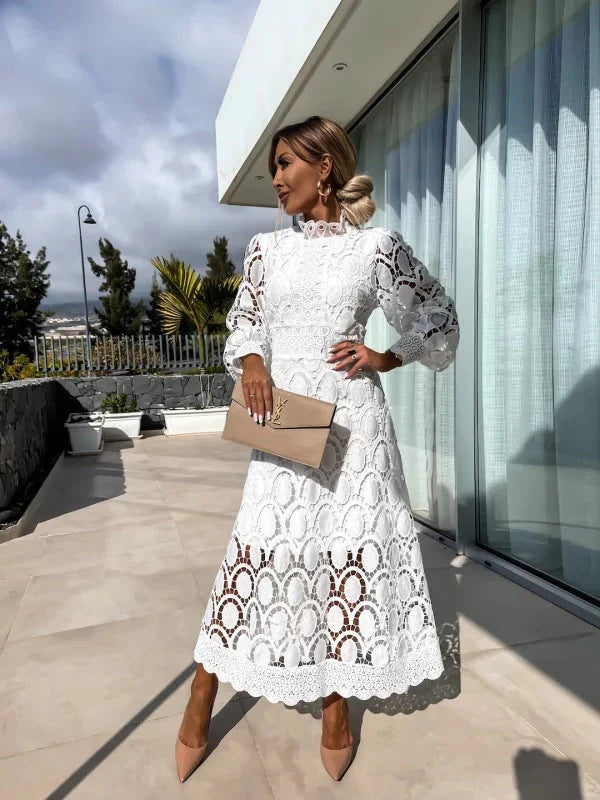 Women's Lace Midi Dress With High Neck & Puff Sleeves
