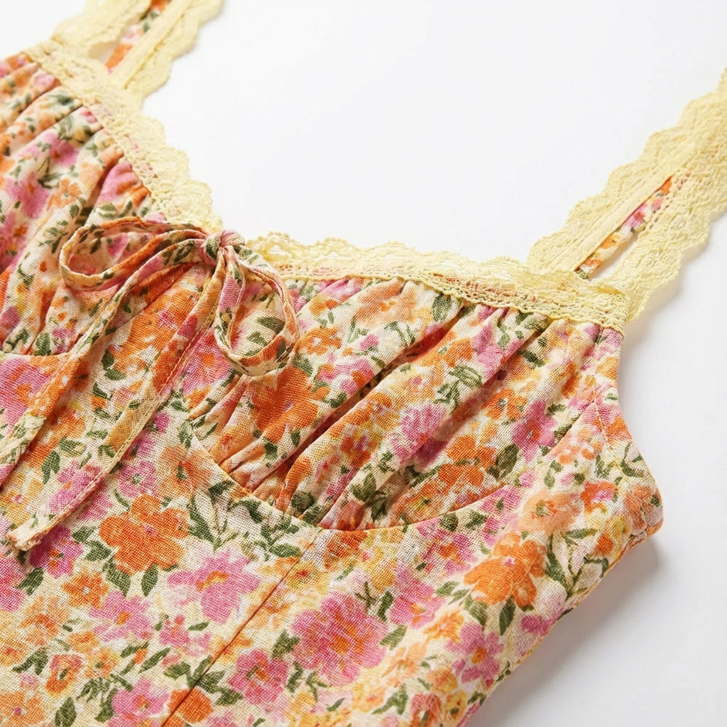 Olivia | Women's Orange Midi Dress With Tie-Front Detail And Sweetheart Neck | Sweet