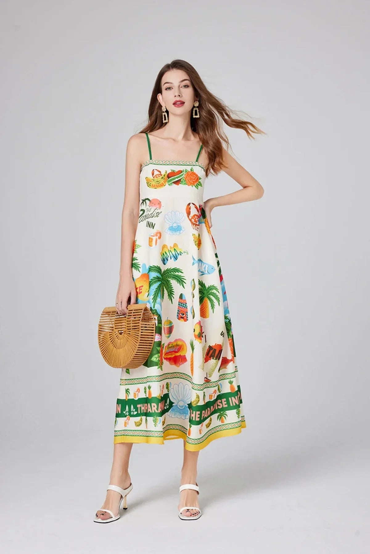 Women's Vacation Print Maxi Dress With Spaghetti Straps