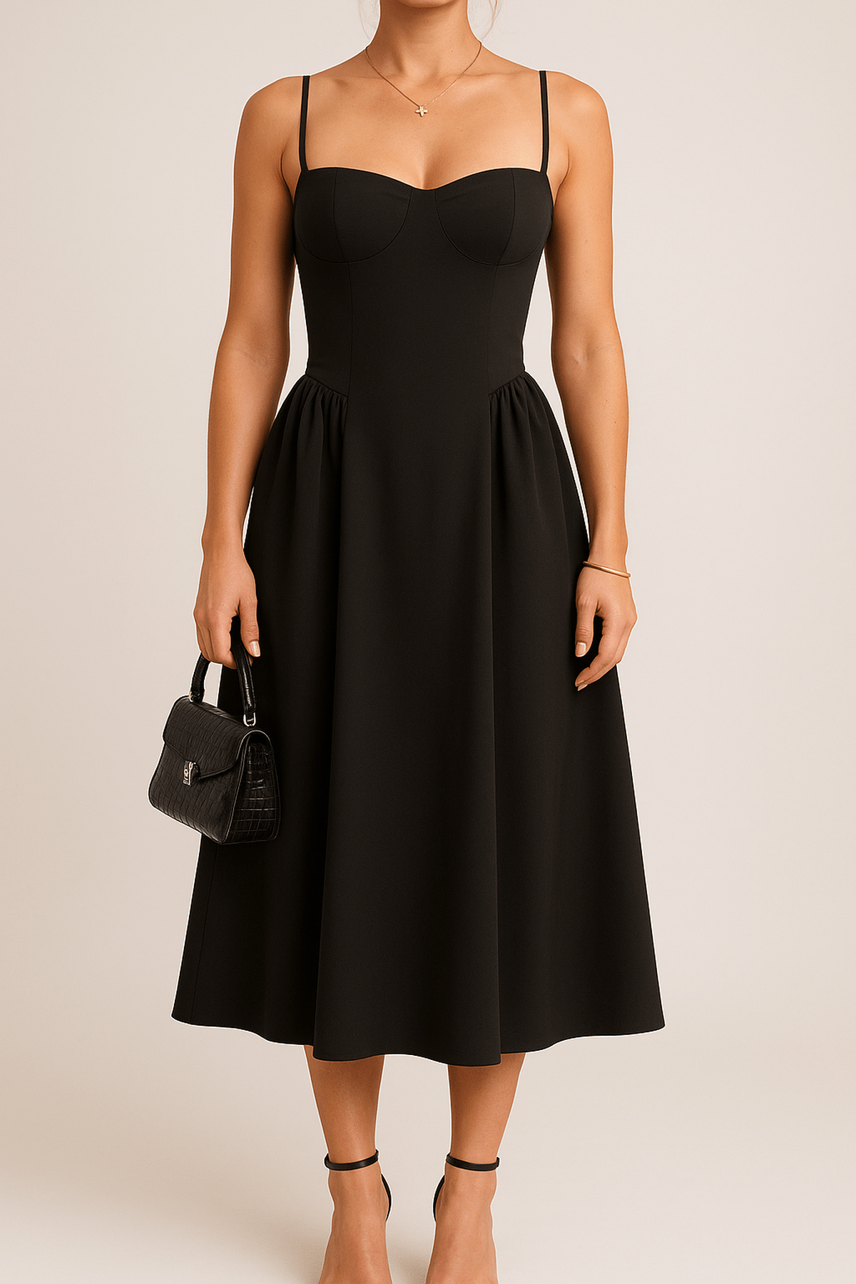 Women's Black Corset Midi Dress With Spaghetti Straps