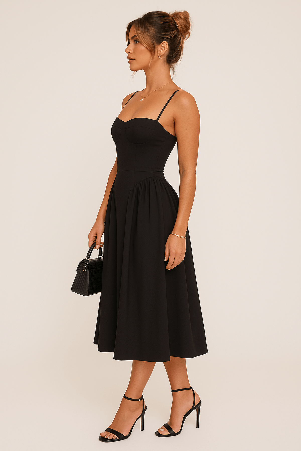Women's Black Corset Midi Dress With Spaghetti Straps