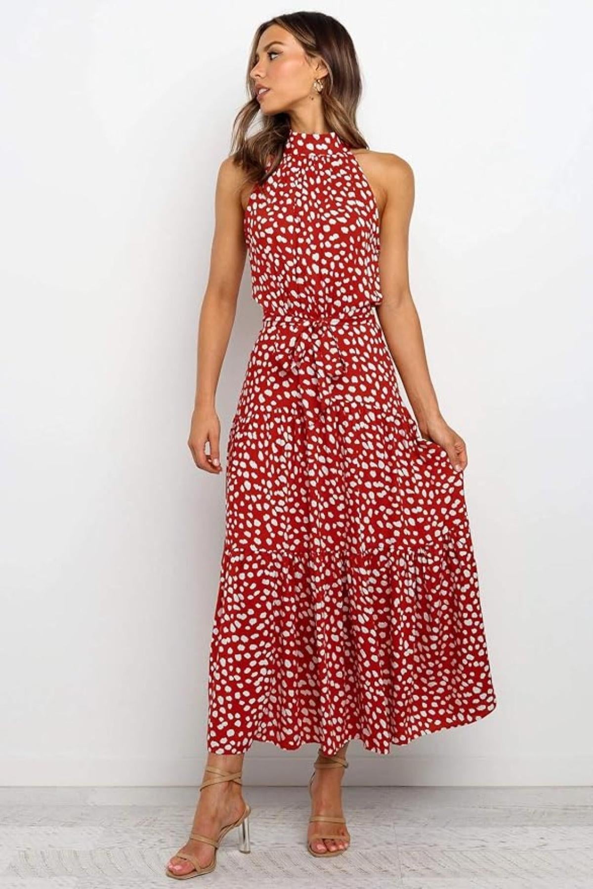 Women's Polka Dot Halter Midi Sundress