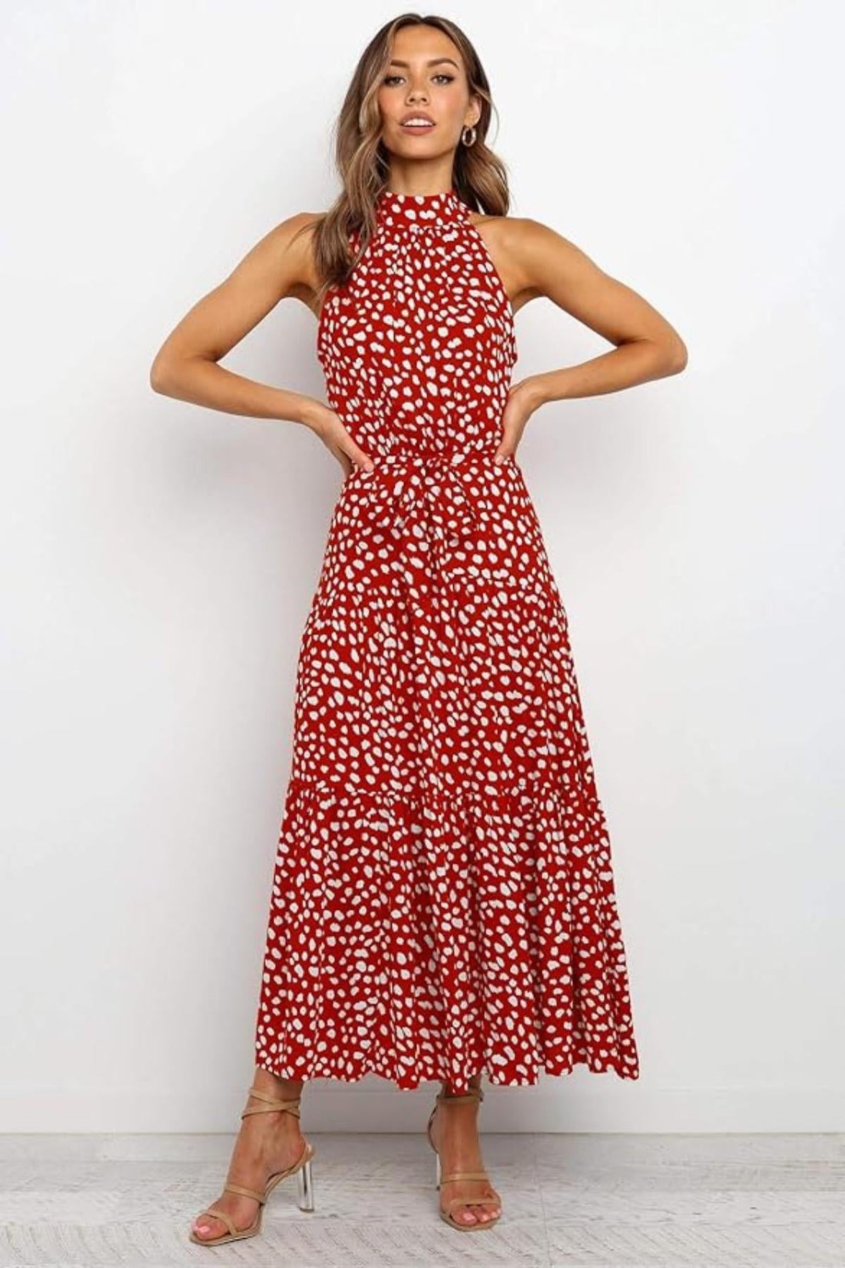 Women's Polka Dot Halter Midi Sundress