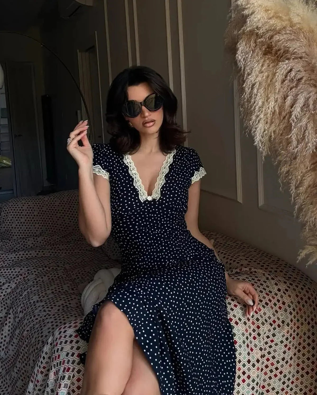 Women's Polka Dot Midi Dress With Lace Trim And V-neck
