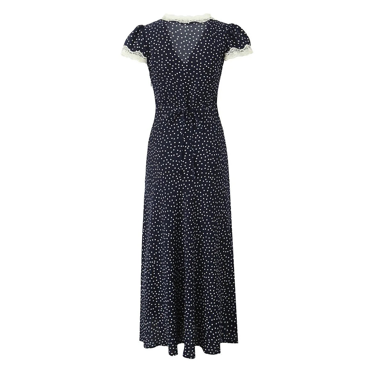 Women's Polka Dot Midi Dress With Lace Trim And V-neck