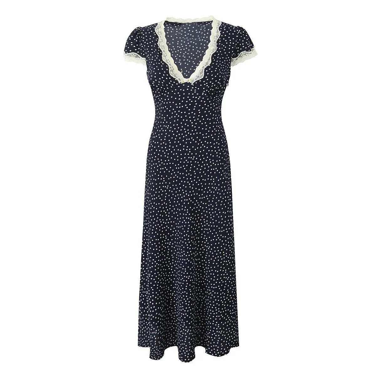 Women's Polka Dot Midi Dress With Lace Trim And V-neck