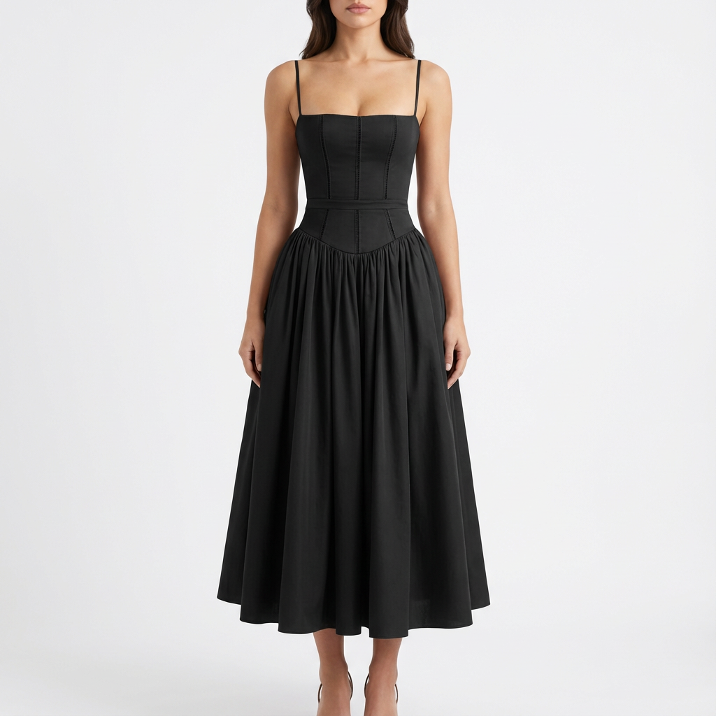 Poppy | Women's A-Line Midi Dress With Structured Bodice And Thin Straps | Chic