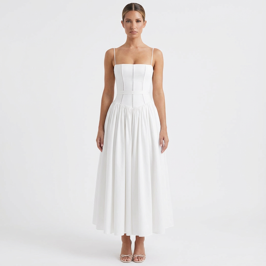 Poppy | Women's A-Line Midi Dress With Structured Bodice And Thin Straps | Chic
