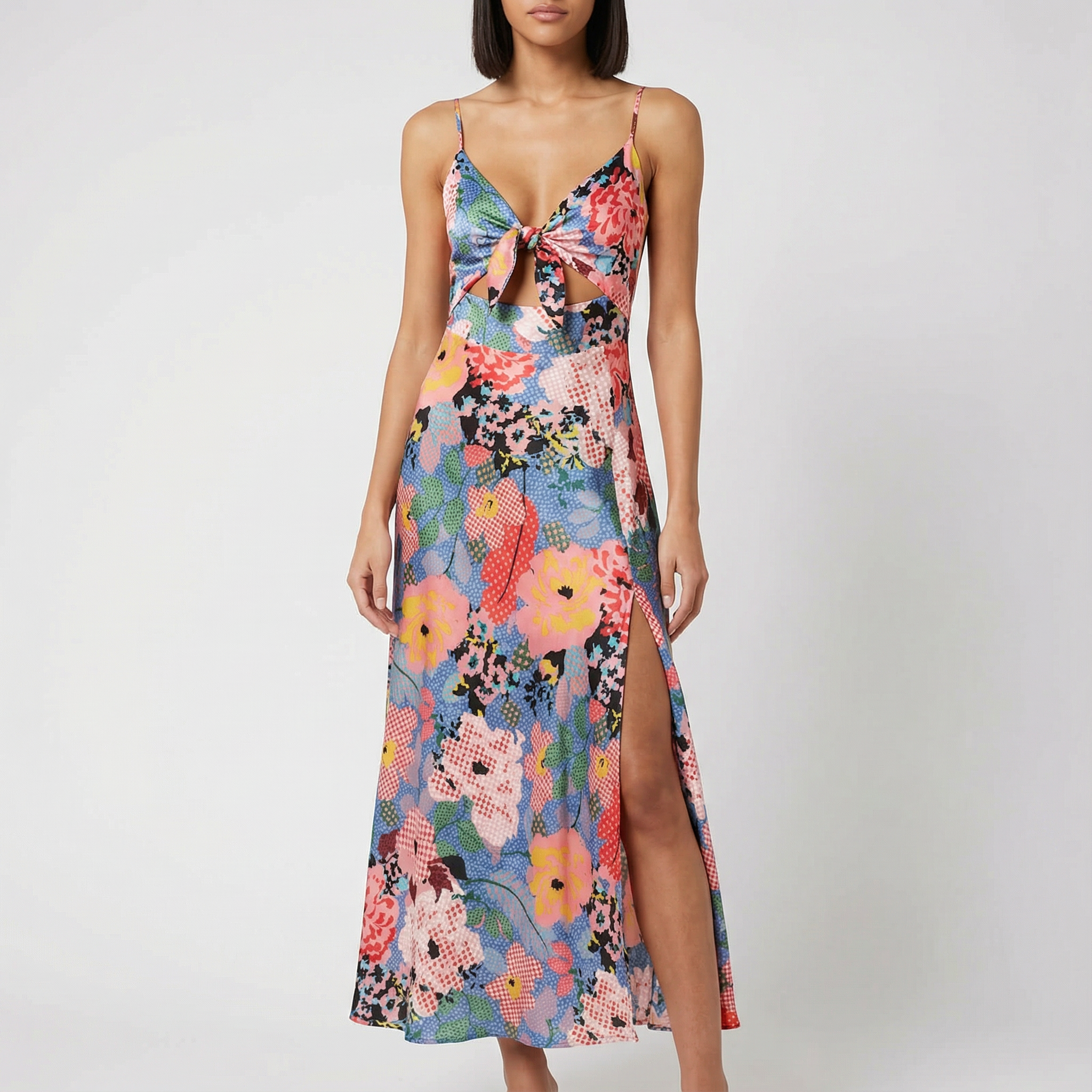 Poppy | Women's Midi Dress With Bow Front And Side Slit | Tropical