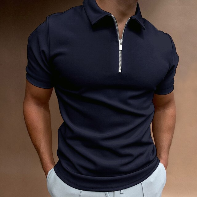 MEN'S COTTON BLEND ZIPPER POLO SHIRT WITH SHORT SLEEVES