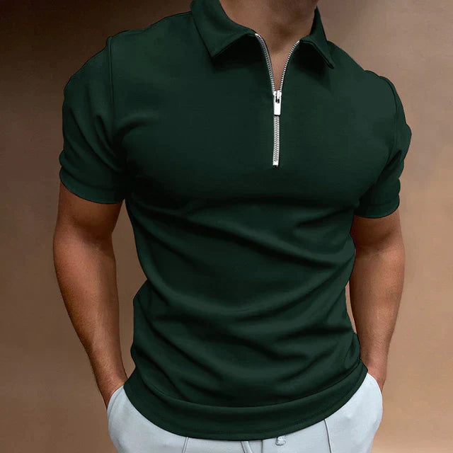MEN'S COTTON BLEND ZIPPER POLO SHIRT WITH SHORT SLEEVES