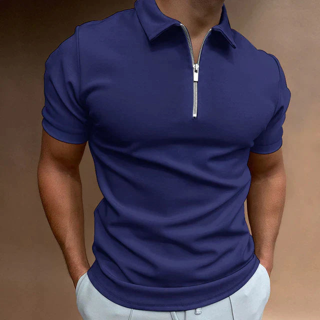 MEN'S COTTON BLEND ZIPPER POLO SHIRT WITH SHORT SLEEVES