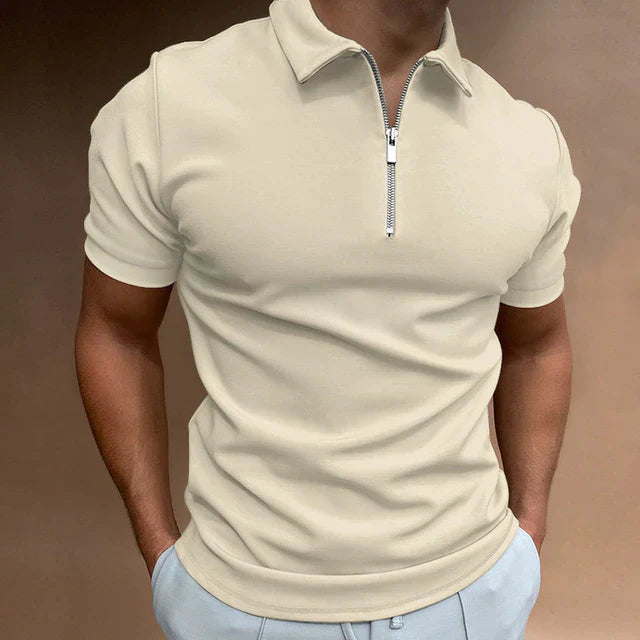 MEN'S COTTON BLEND ZIPPER POLO SHIRT WITH SHORT SLEEVES