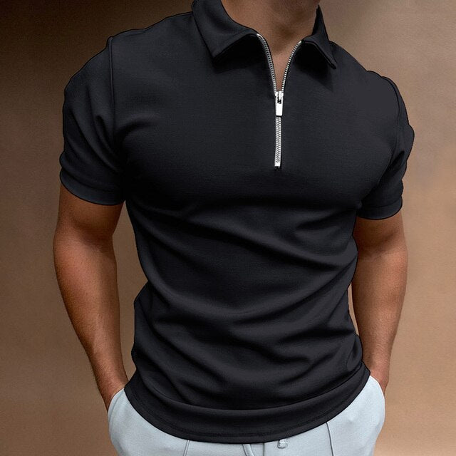 MEN'S COTTON BLEND ZIPPER POLO SHIRT WITH SHORT SLEEVES