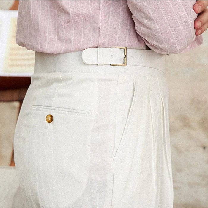 Premium White Linen Pants for Men – Tailored Fit, Adjustable Side Tabs, Breathable and Wrinkle-Resistant