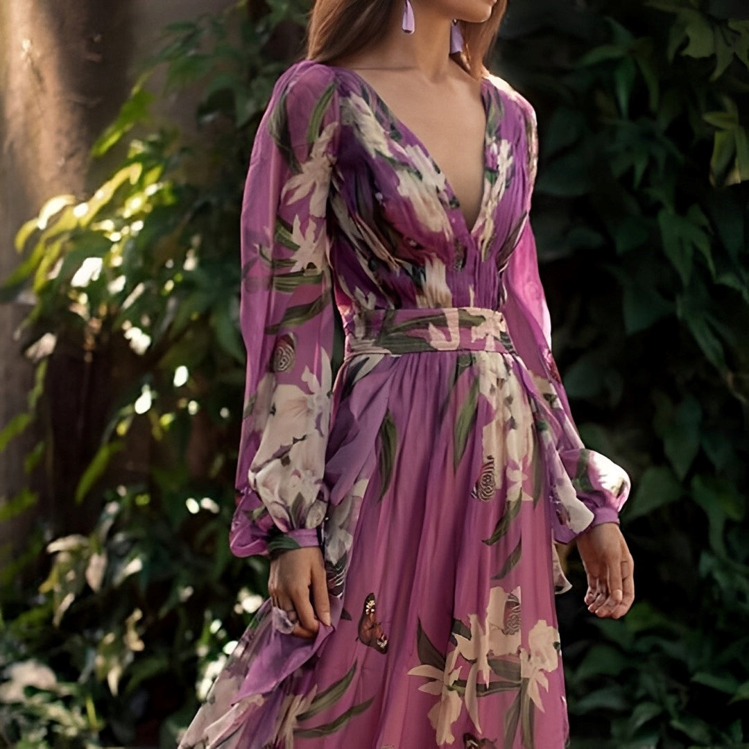 Women's Floral Chiffon Maxi Dress With V-neck And Long Sleeves