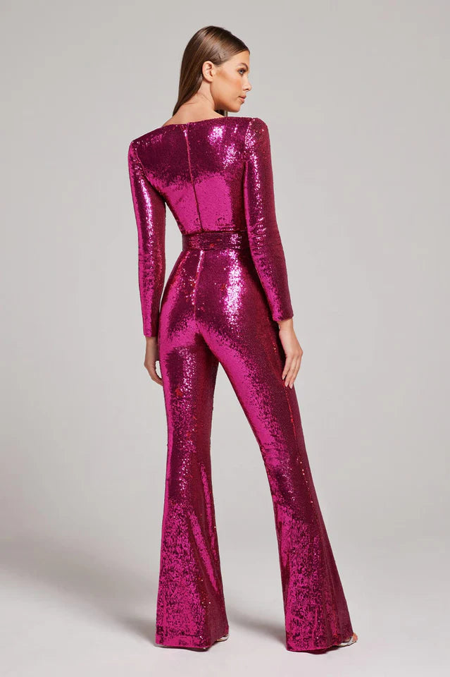 WOMEN'S SEQUIN BELTED EVENING JUMPSUIT WITH LONG SLEEVES