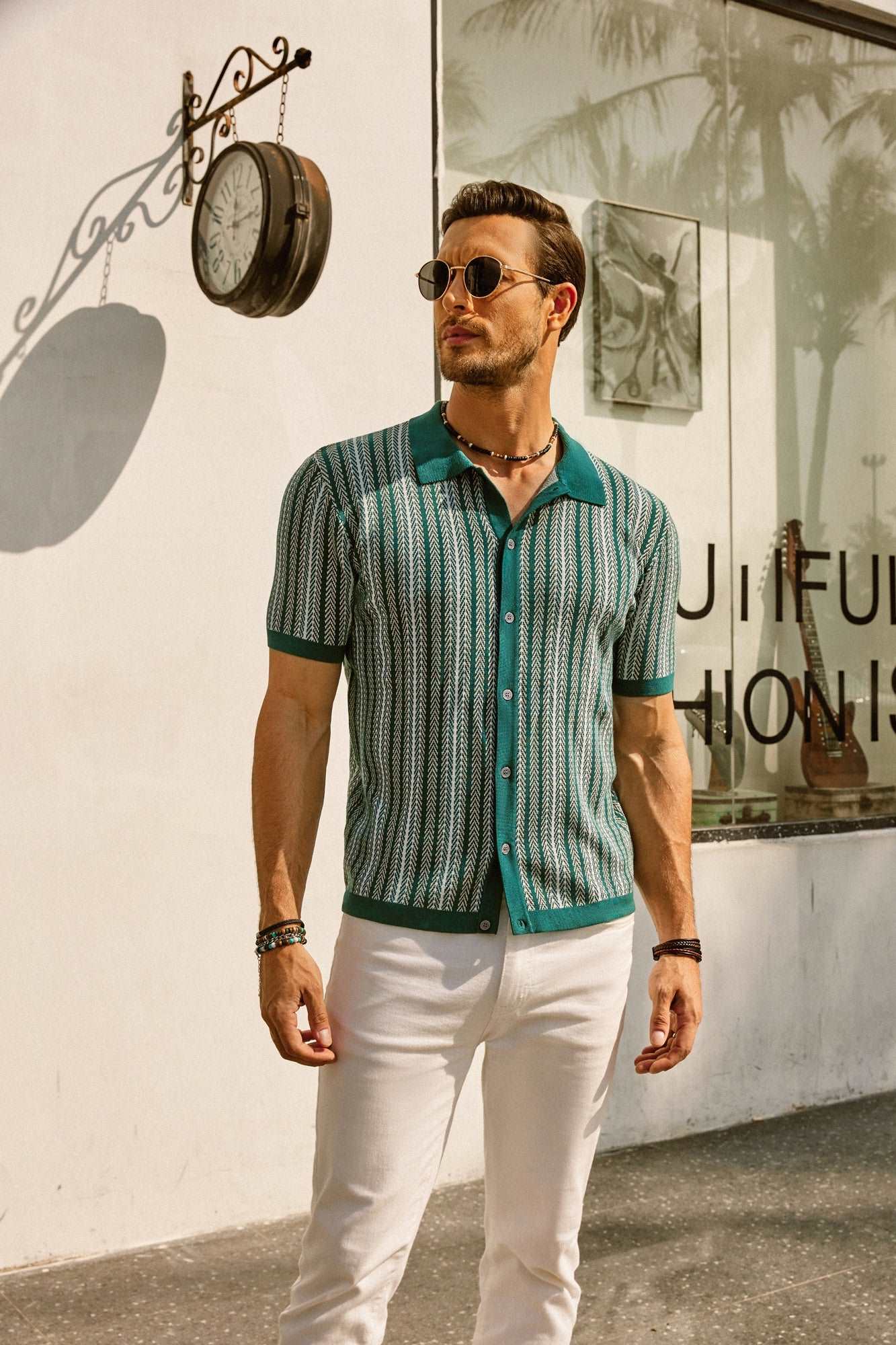 MEN'S STRIPED POLO SHIRT WITH SHORT SLEEVES AND BUTTON DOWN FRONT