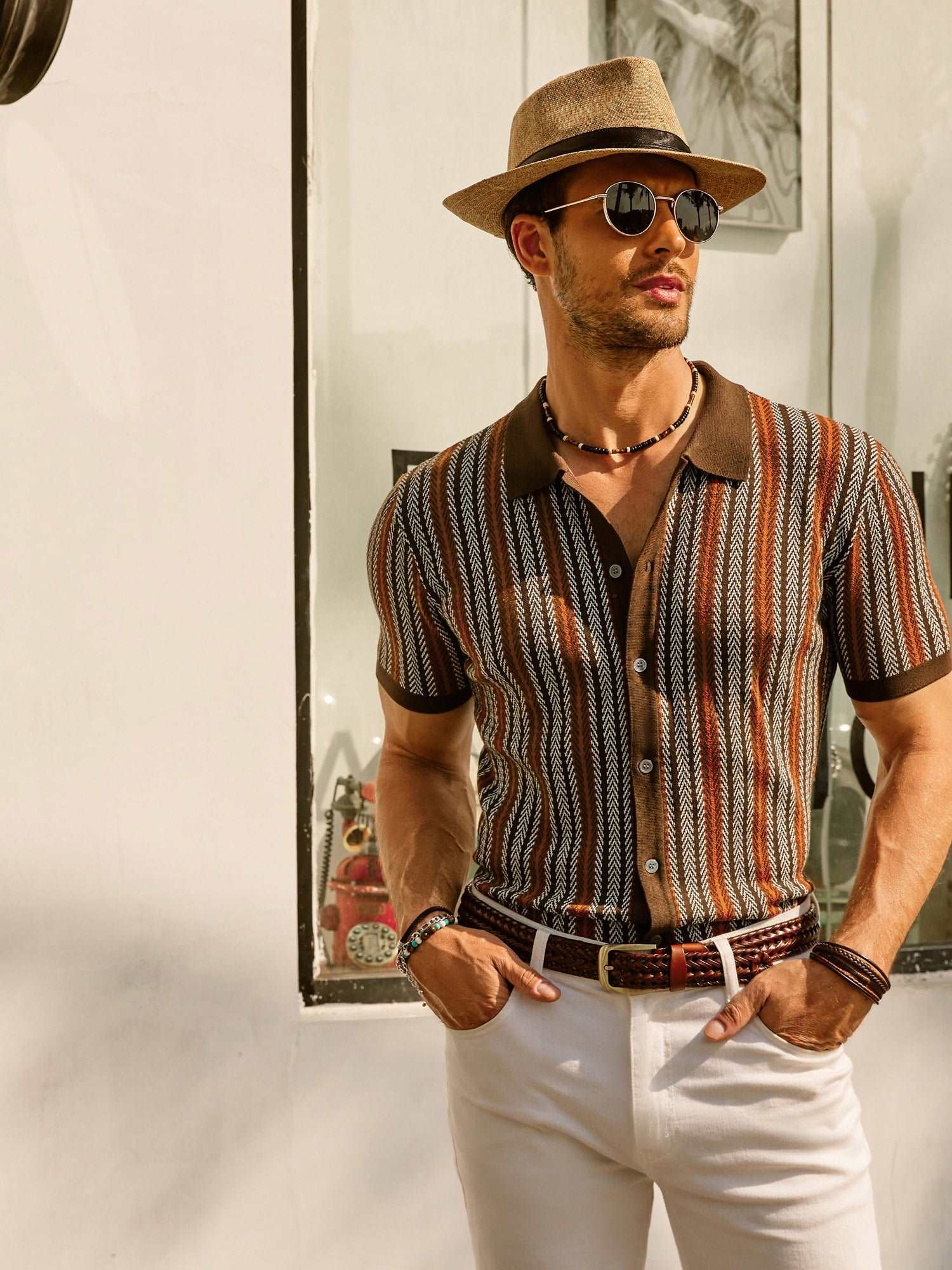 MEN'S STRIPED POLO SHIRT WITH SHORT SLEEVES AND BUTTON DOWN FRONT