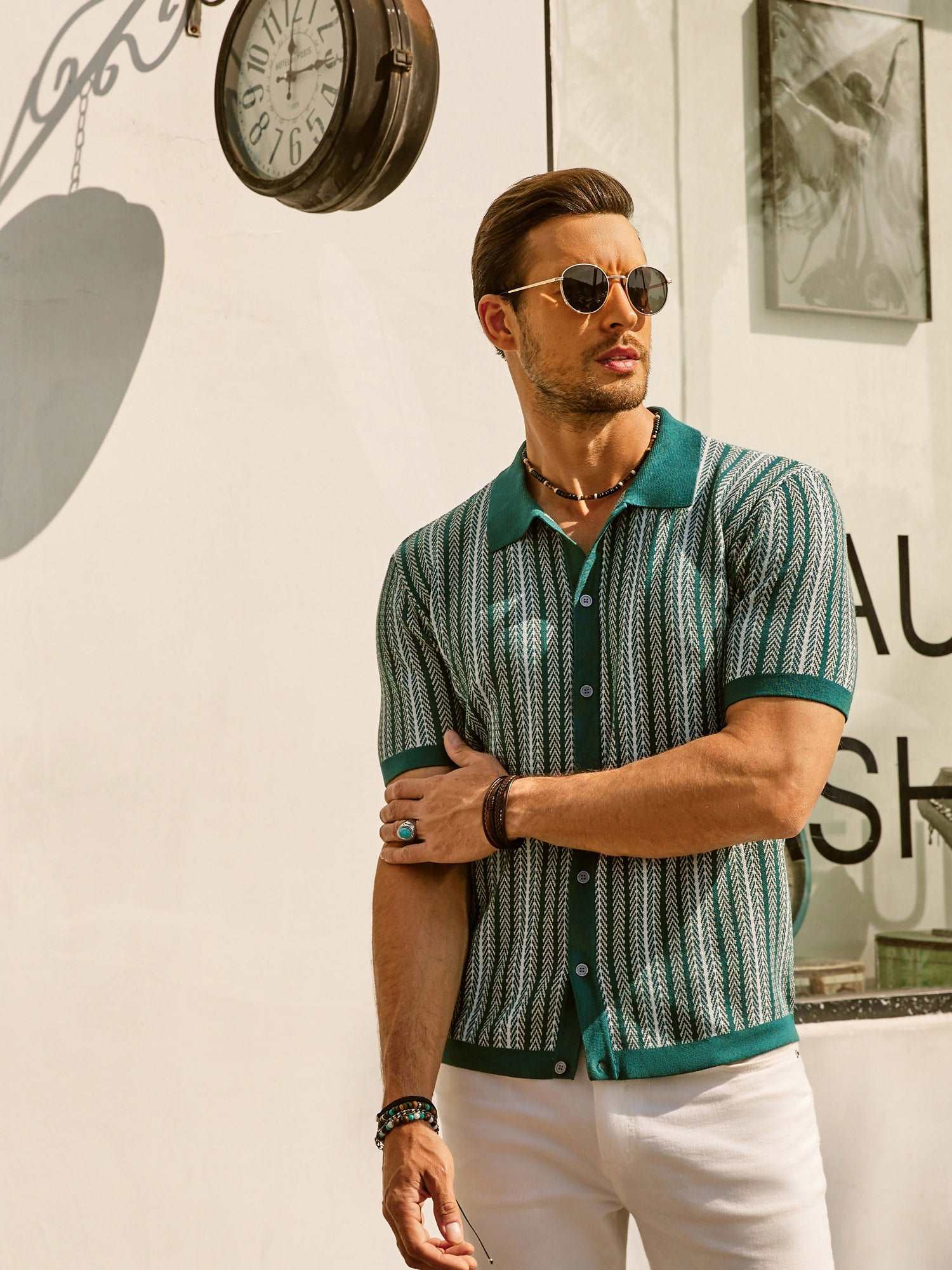 MEN'S STRIPED POLO SHIRT WITH SHORT SLEEVES AND BUTTON DOWN FRONT