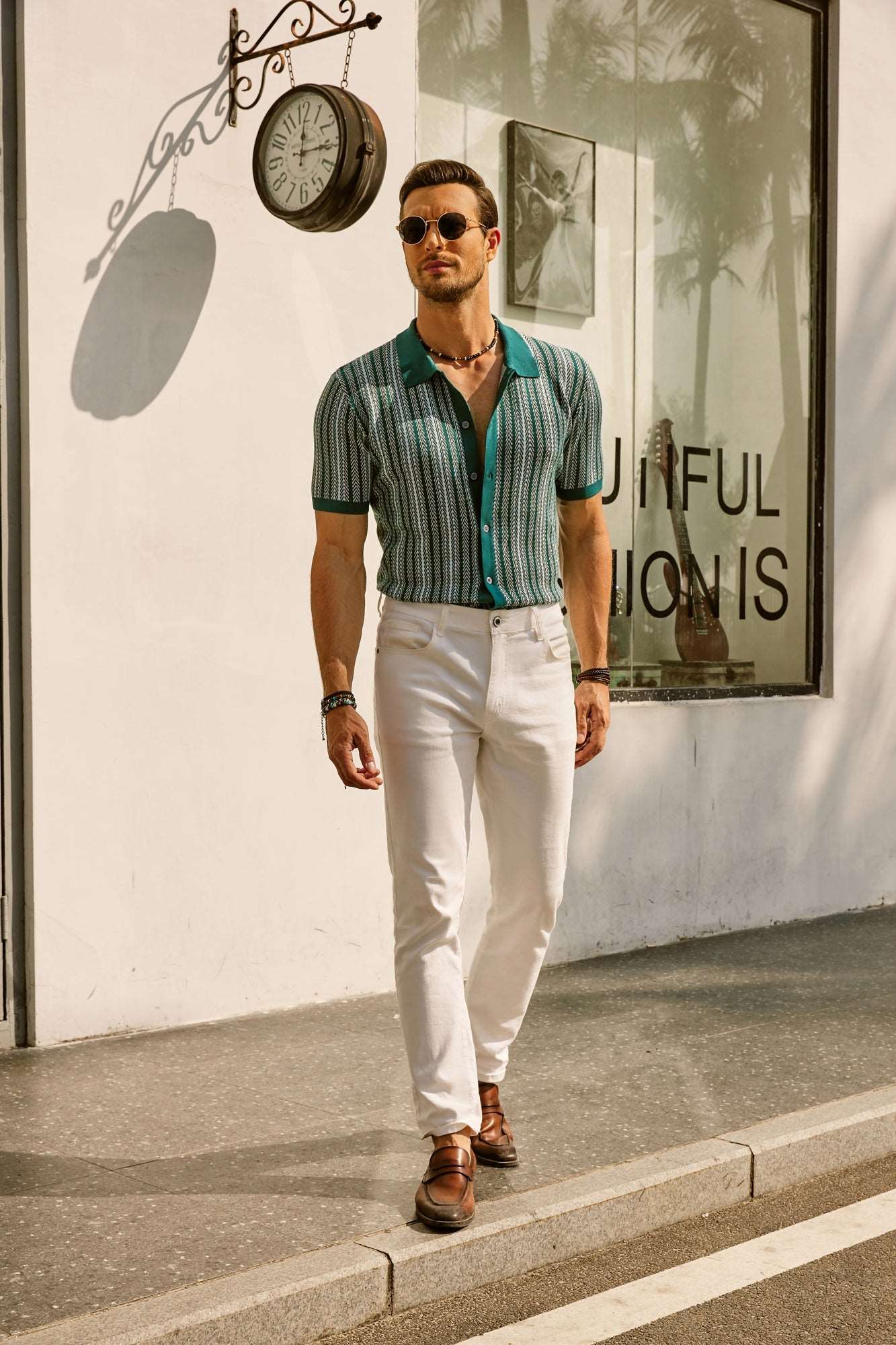 MEN'S STRIPED POLO SHIRT WITH SHORT SLEEVES AND BUTTON DOWN FRONT