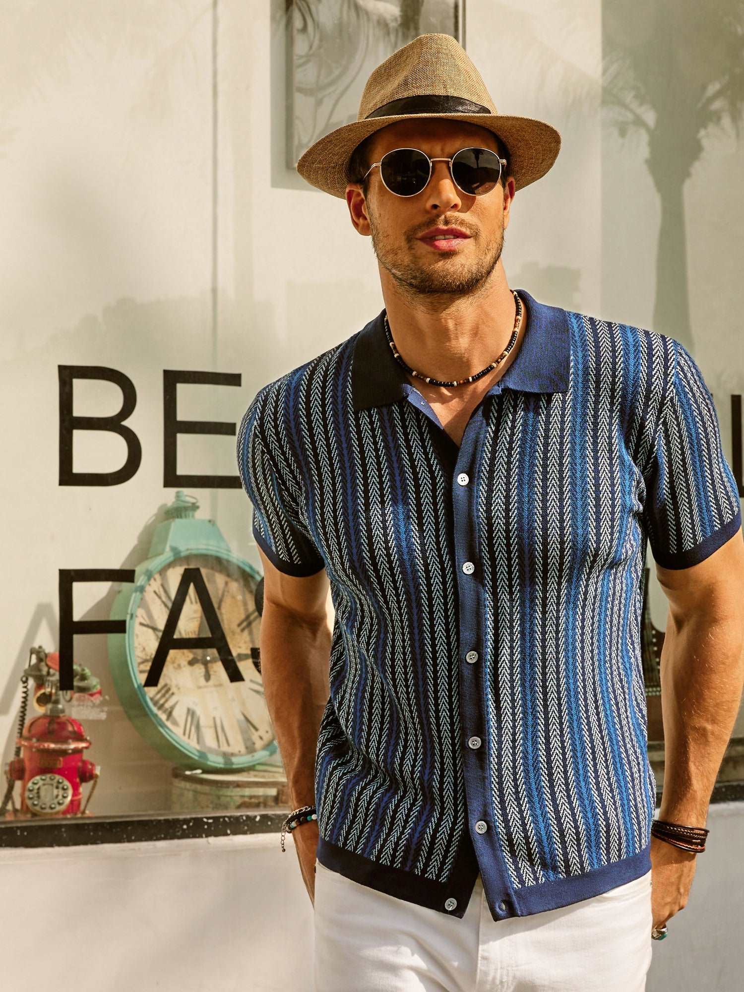 MEN'S STRIPED POLO SHIRT WITH SHORT SLEEVES AND BUTTON DOWN FRONT