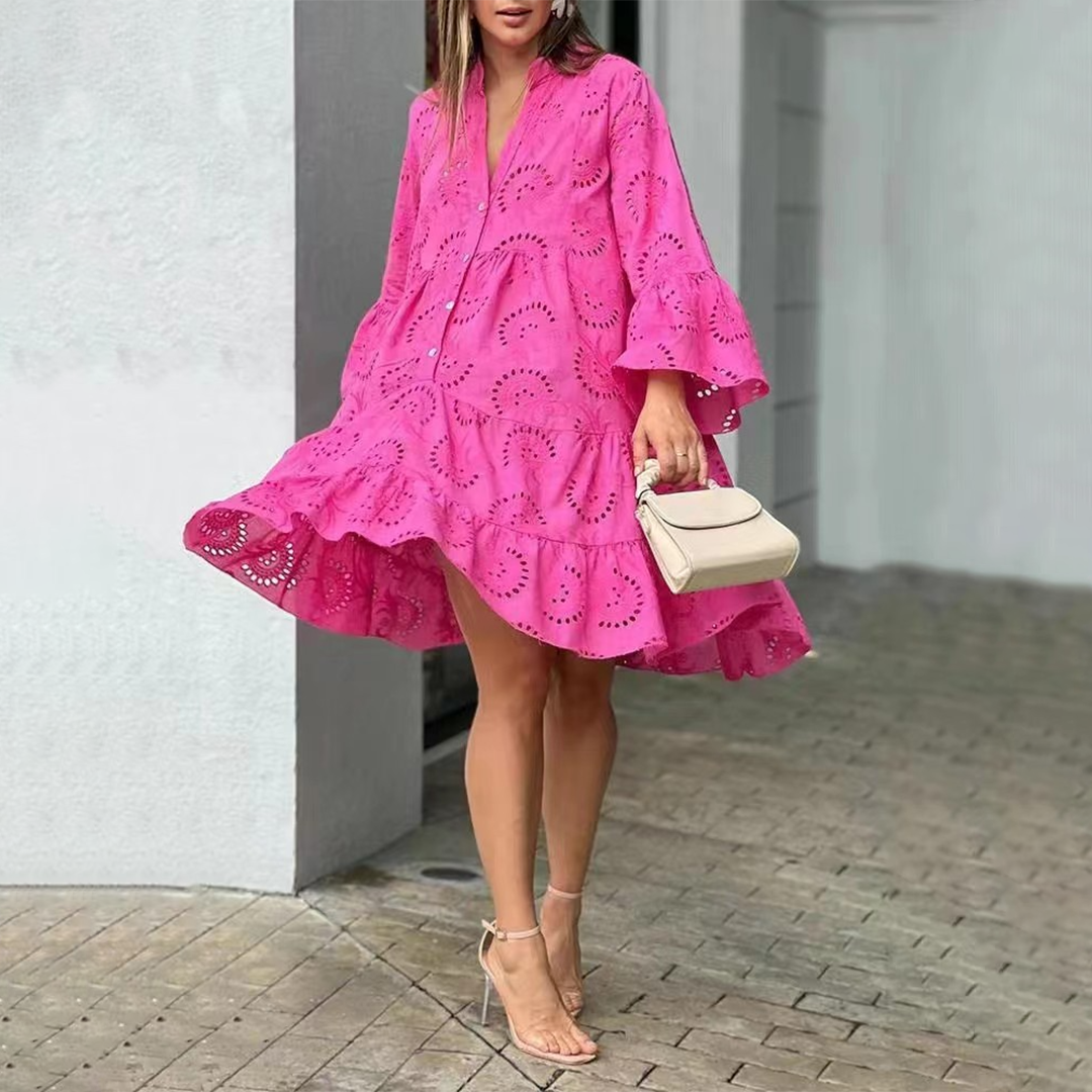 Women's Summer Eyelet Mini Dress With Long Sleeves & Half Buttons