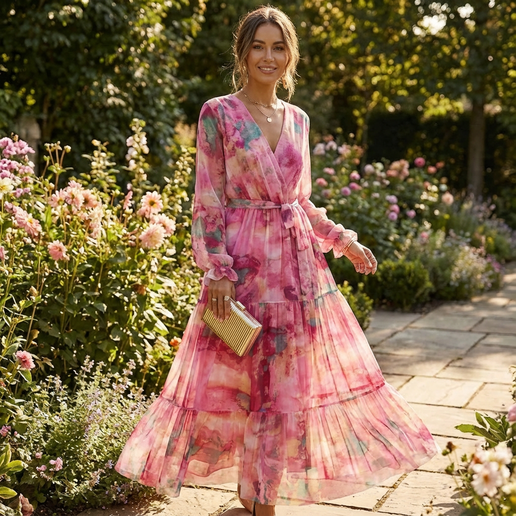 Rose | Women's Pink Maxi Dress With Wrap Bodice And Tiered Skirt | Romantic