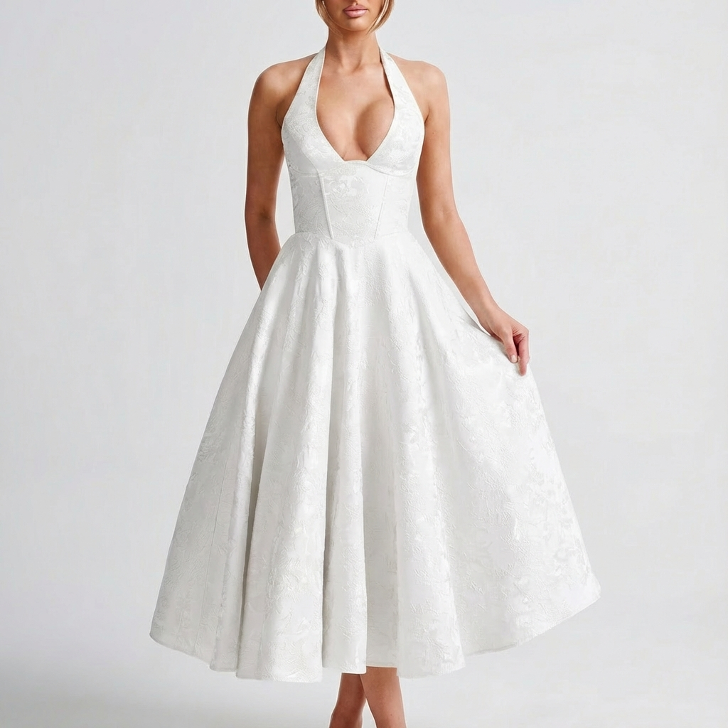 Rosie | Women's Midi Dress With V-Neck Halter And Full Skirt | Romantic