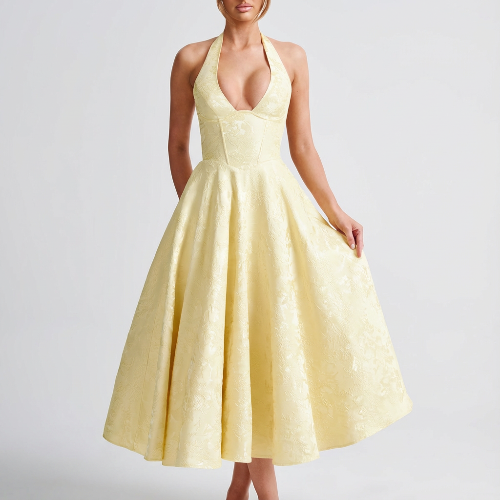 Rosie | Women's Midi Dress With V-Neck Halter And Full Skirt | Romantic