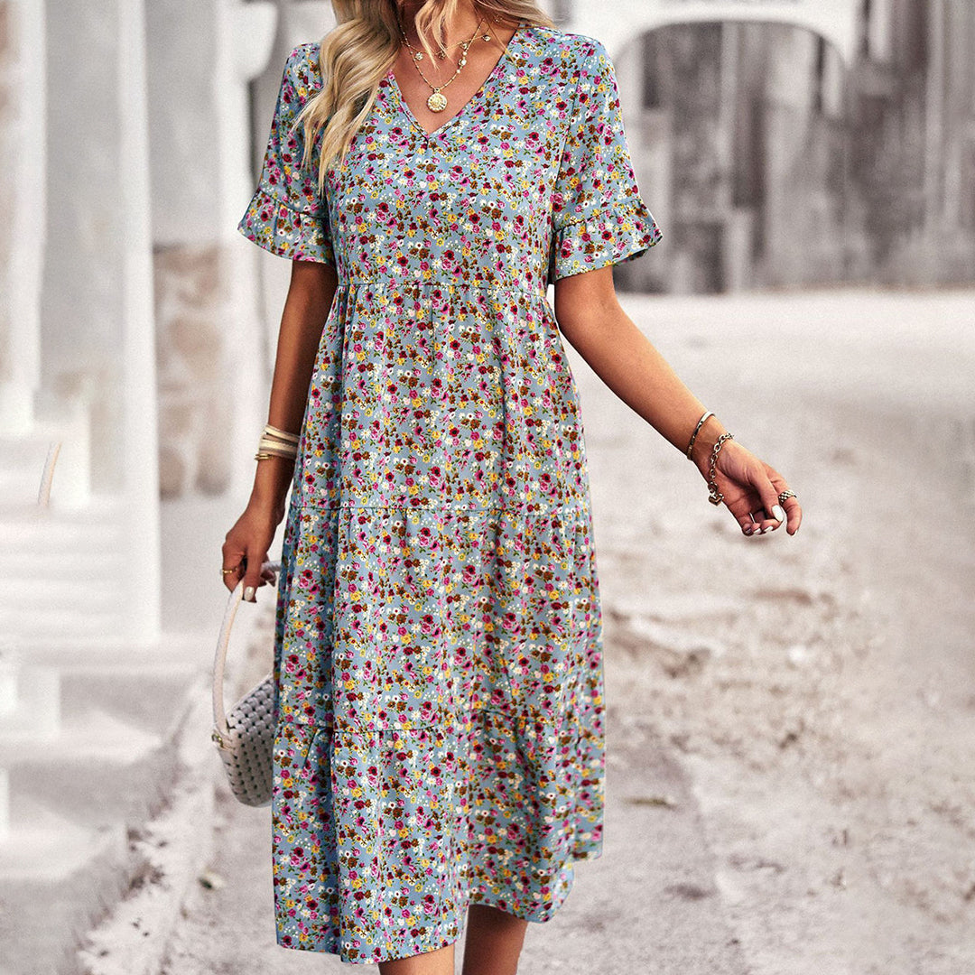 Women's Floral Midi Dress With V-neck & Short Sleeves